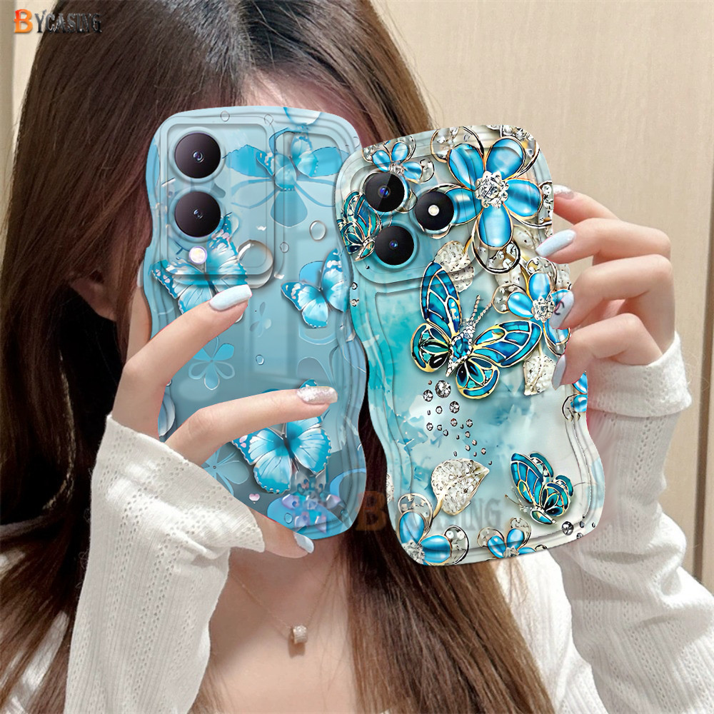 สําหรับvivo Y19s Y18 Y28 Y03 Y17s Y27s Y36 Y11 Y20 Y16 Y15s Y12 Y02 Y12s Y17 Y22s Y33s Y15A Y21s Y35 Y02 Y91C Y02 ประกายขอบน้ําTPU Softดอกไม้หยดน้ําดอกไม้