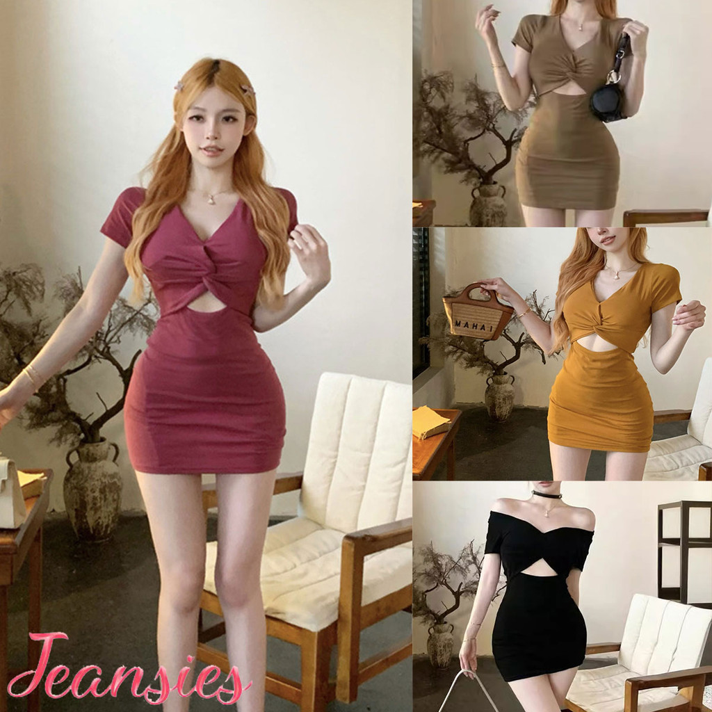 มินิเดรสกระโปรง ช่วงเอวไขว้ เนื้อผ้ายืดได้เยอะ ใส่เปิดไหล่ได้
