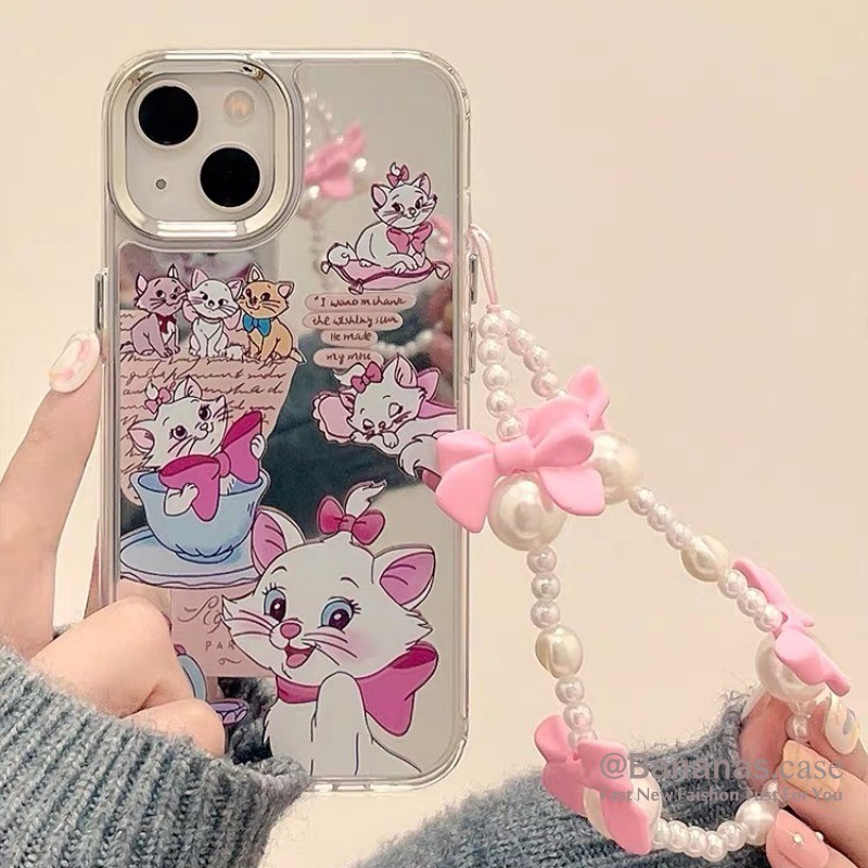 IPhone 17 16 15 14 13 12 11 Pro Max X Xr Xs Max 7 8 Plusเคสโทรศัพท์การ์ตูนสีชมพูMary Cat + Lanyardฝาครอบโทรศัพท์นุ่ม