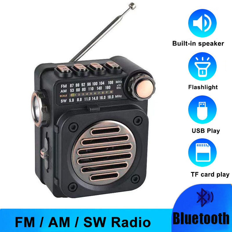 เครื่องเล่นเพลง FM AM SW วิทยุ FM บลูทูธไร้สาย 5.0 ขนาดเล็ก แบบพกพา ตัวรับสัญญาณวิทยุ ลําโพงในตัว พร้อมไฟฉาย LED รองรับแฟลชไดรฟ์ USB และการ์ด Micro SD
