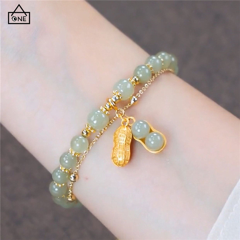 COD สร้อยข้อมือสองชั้นลูกปัดอาเกตจี้ถั่วลิสงสไตล์จีนหรูหราแฟชั่นเครื่องประดับสำหรับผู้หญิง-a.one