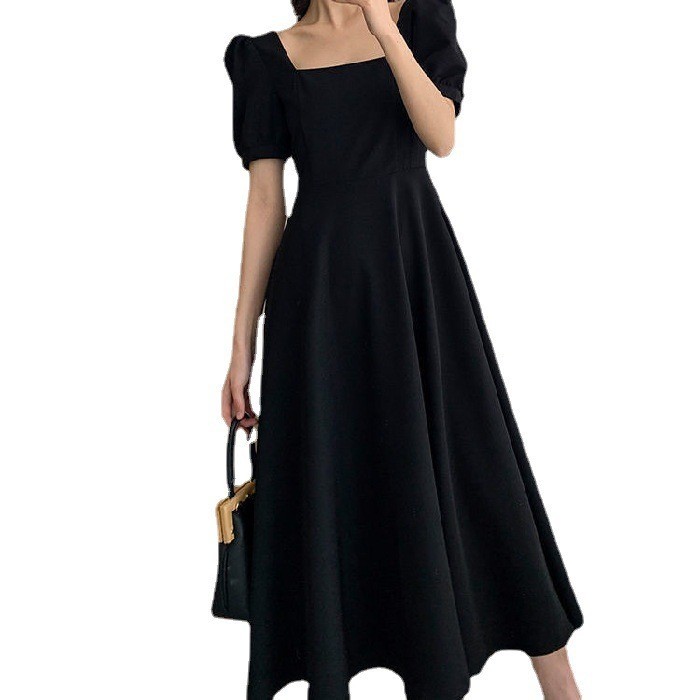 NINGFASHION ชุดเดรส กระโปรงยาว คอสี่เหลี่ยม เก็บเอว เข้ารูป  รุ่น W6724