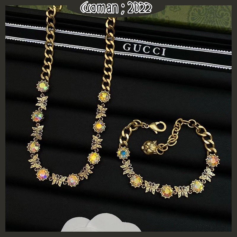 Gucci ใหม่ ชุดสร้อยคอ สร้อยข้อมือ ลายผีเสื้อ สไตล์คลาสสิก