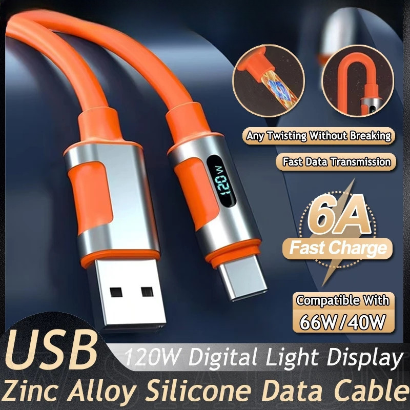 สายชาร์จ USB Type C 120W 6A - สายชาร์จเร็วมาก - สายชาร์จข้อมูลโลหะผสมสังกะสี - จอแสดงผลดิจิตอล, ตั๋ว, ทนทาน, อุปกรณ์โทรศัพท์มือถือสากล -