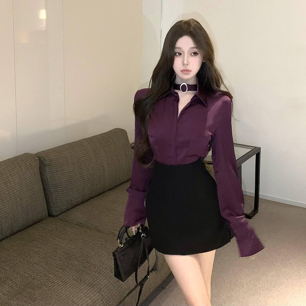 #W544 เสื้อเชิ้ตคอปกโปโลสีม่วง แขนยาว ไหล่บุนวม ดีไซน์สวยสง่างาม