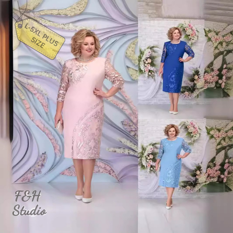 F&H 4284-L-5XL Plus ขนาดผู้หญิงลูกไม้ปักชุดค็อกเทลแขน 3/4 และรอบคอ