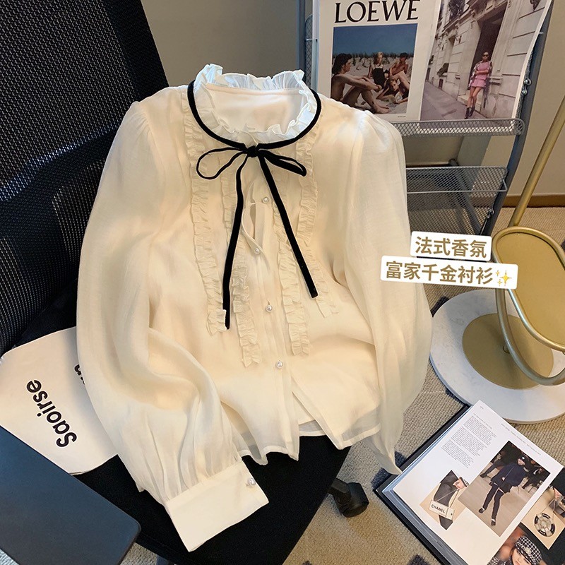 ชุดเสื้อเชิ้ตผู้หญิงสไตล์ชาแนล โบว์ผูก ฤดูใบไม้ผลิและฤดูใบไม้ร่วง แขนยาว ผ้าชีฟอง ริ้วรอยเรียบหรู สไตล์ฝรั่งเศสย้อนยุค – โปรปัง