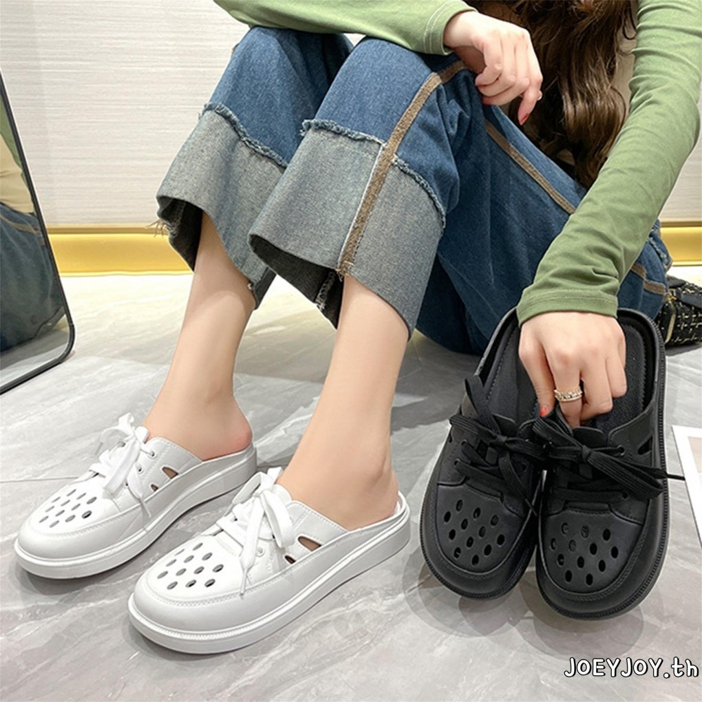 Joeyjoy-รองเท้าแตะหัวปิดสําหรับผู้หญิงกลวงออกแบบสวมพื้นหนาบนรองเท้าชายหาดลําลองสําหรับทุกวัน