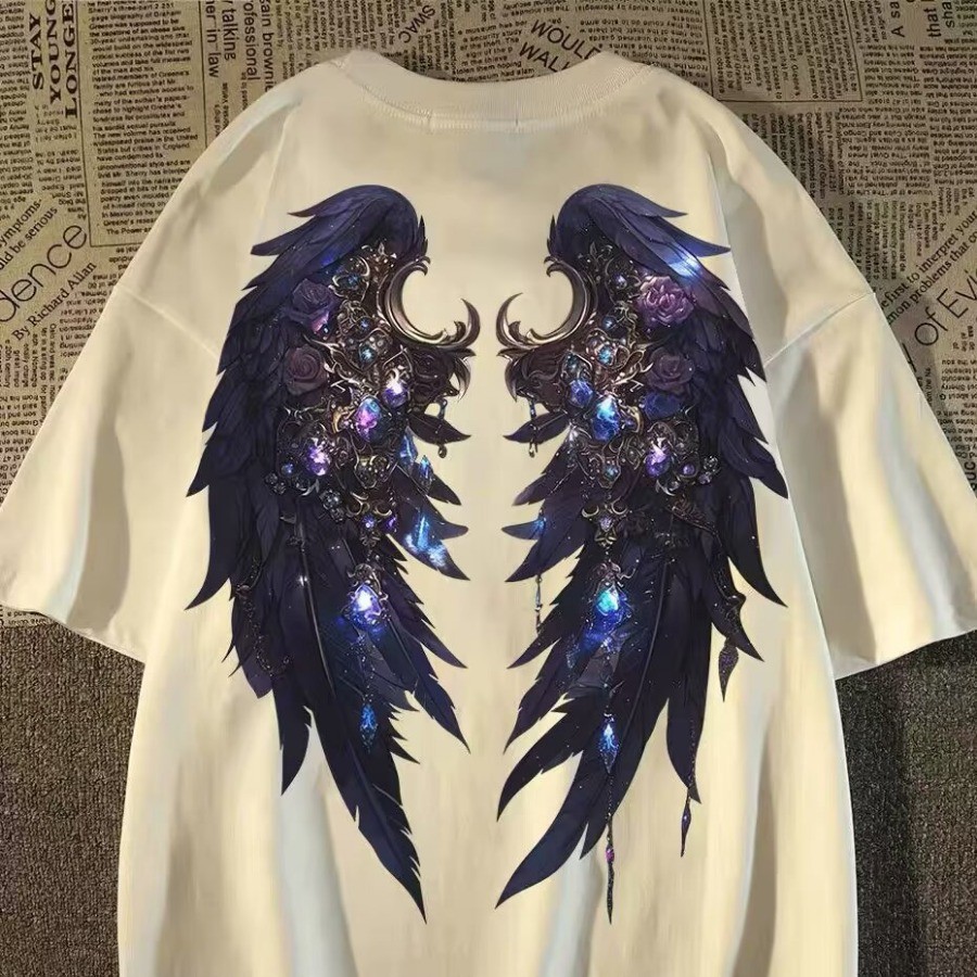 M-8XL Angel Wings พิมพ์แขนสั้นหลวมสบายๆ Streetwear Tshirt สําหรับผู้ชายผู้หญิง