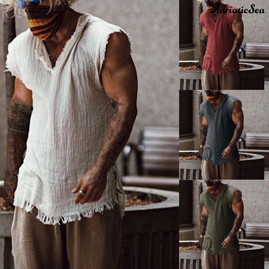 [COD]✪เสื้อกล้ามลําลอง คอวี แขนกุด ทรงหลวม แต่งรอยขาด สีพื้น สําหรับผู้ชาย
