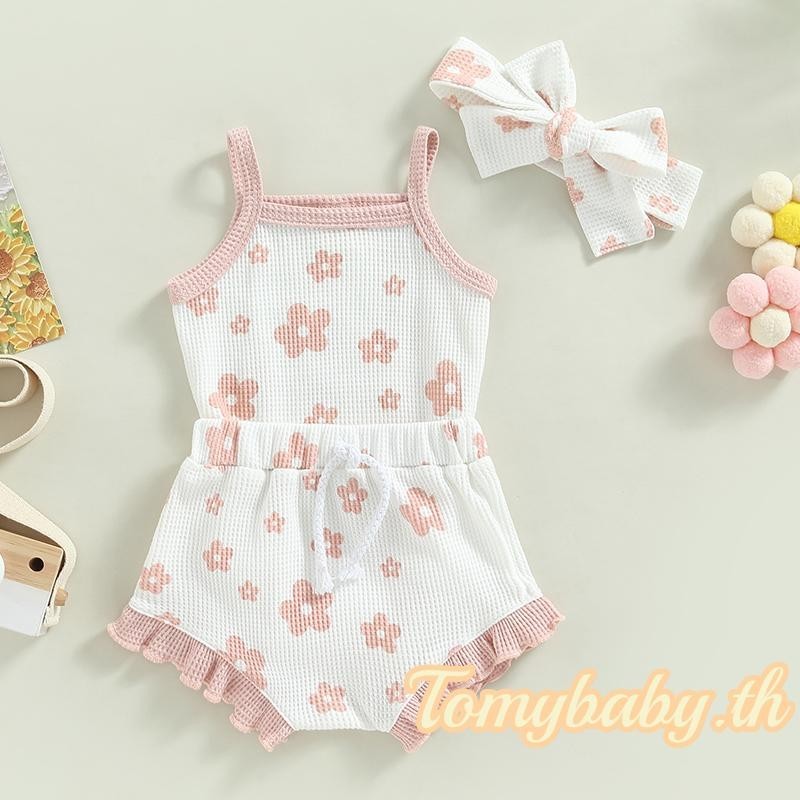Tomybaby- ชุดรอมเปอร์ เสื้อกล้าม ผ้าถัก ลายดอกไม้ และกางเกงขาสั้น แต่งระบาย และที่คาดผม แฟชั่นฤดูร้อน สําหรับเด็กผู้หญิง 3 ชิ้น ราคา ถูกที่สุด ดีลบีเคเค แกลเลอรีภาพที่ 5