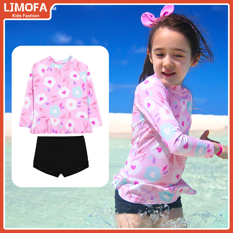 [COD] ชุดว่ายน้ําแขนยาว และกางเกงสั้น สําหรับเด็กผู้หญิง อายุ 3-9 ปี 2 ชิ้น