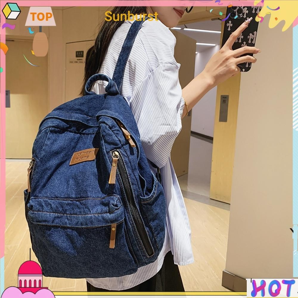 [Sunburst11.th] กระเป๋าเป้สะพายหลัง ผ้ายีน มีซิป หลายช่อง ขนาดใหญ่ สําหรับนักเรียน