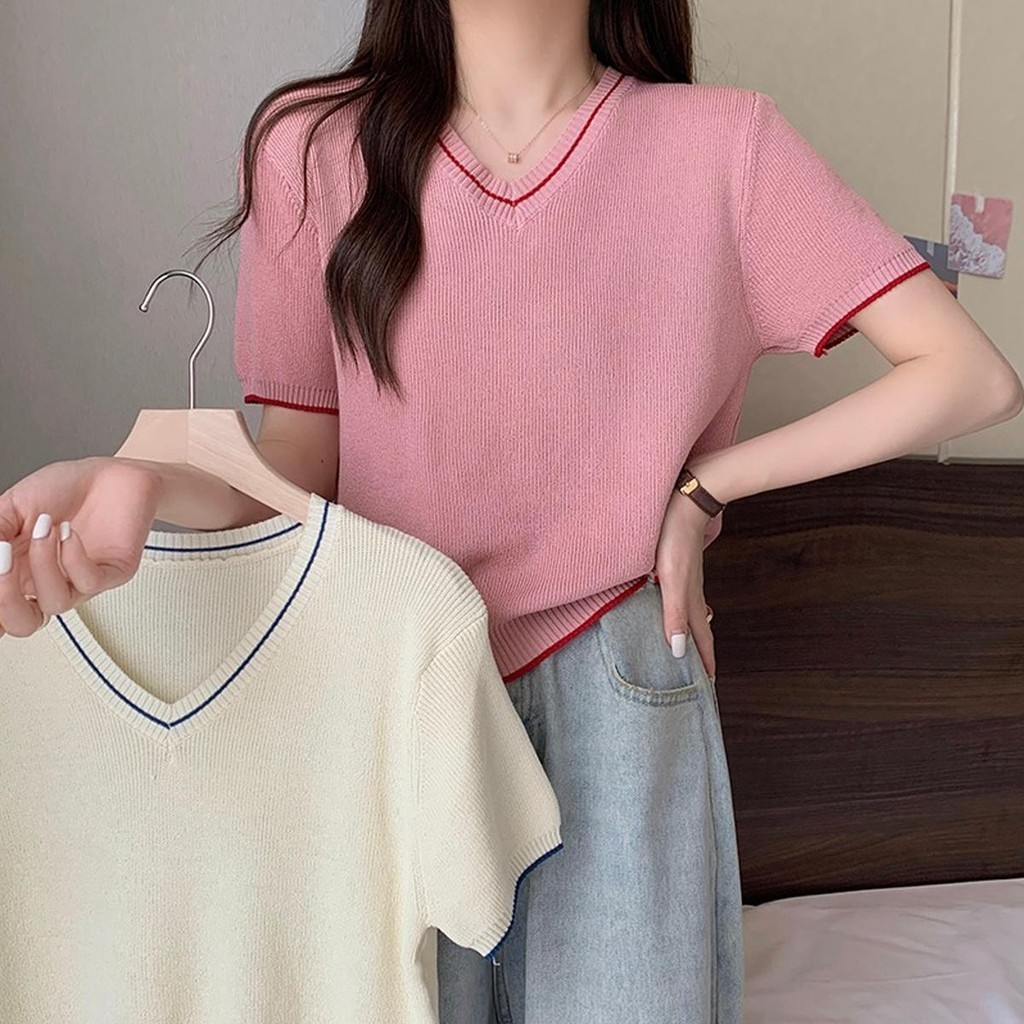 Lune_Grace-พร้อมส่ง-เสื้อยืดไหมพรมแขนสั้น ตัดสีตรงขอบ นุ่มนิ่มใส่สบาย ทรงสวยเรียบง่าย แฟชั่นเกาหลี รุ่น4908