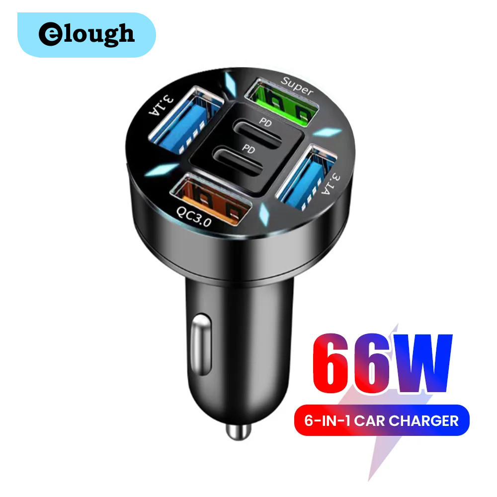 66w 6 พอร์ต Mini USB Car Charger Lighter ชาร์จเร็ว QC 3.0 PD Type C ชาร์จโทรศัพท์ในรถ สําหรับโทรศัพท์มือถือ