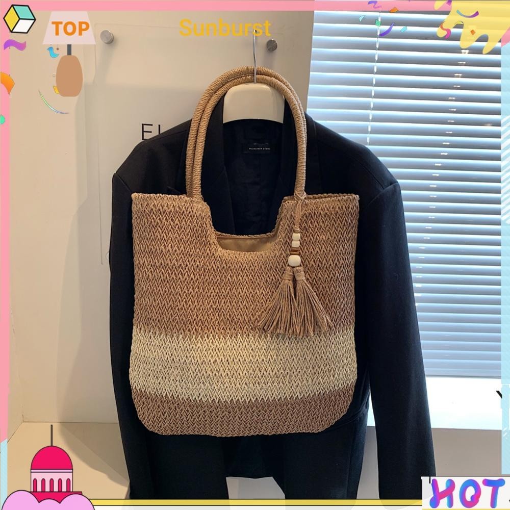 [Sunburst11.th] กระเป๋าสะพายไหล่ ฟางสาน ประดับพู่ สีกากี เหมาะกับงานปาร์ตี้ สําหรับผู้หญิง