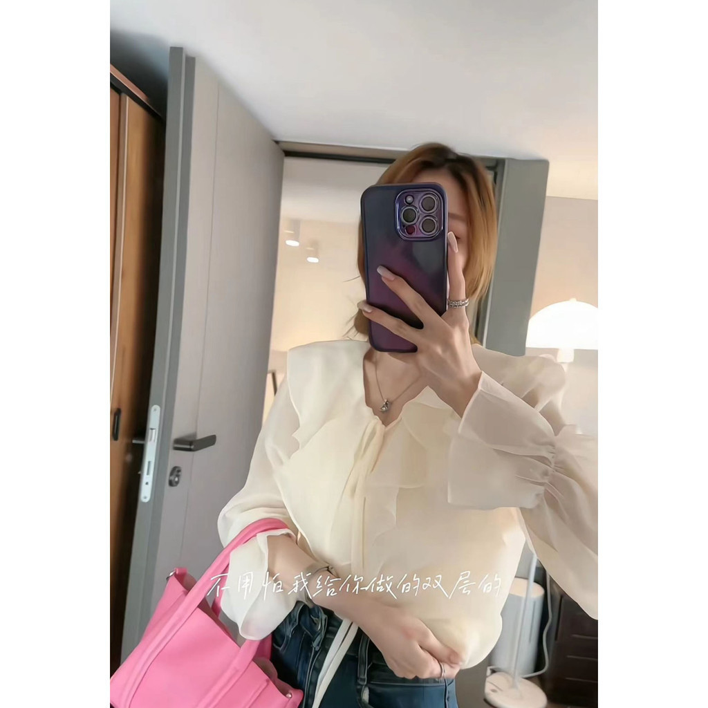 สไตล์ตะวันตกลดอายุเสื้อชีฟองหวานสุภาพสตรีการออกแบบต้นฤดูใบไม้ผลิระดับไฮเอนด์ซอกฝรั่งเศสซูเปอร์นางฟ้าสวมใส่ด้านบน