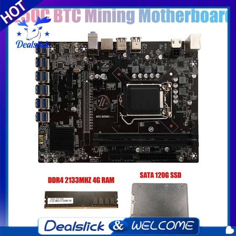 【Dealslick】B250C Btc เมนบอร์ดขุดเหมือง พร้อม 120G SSD+DDR4 แรม 4GB 2133MHZ 12XPCIE เป็นช่องเสียบการ์ด USB3.0 LGA1151 สําหรับแร่ BTC