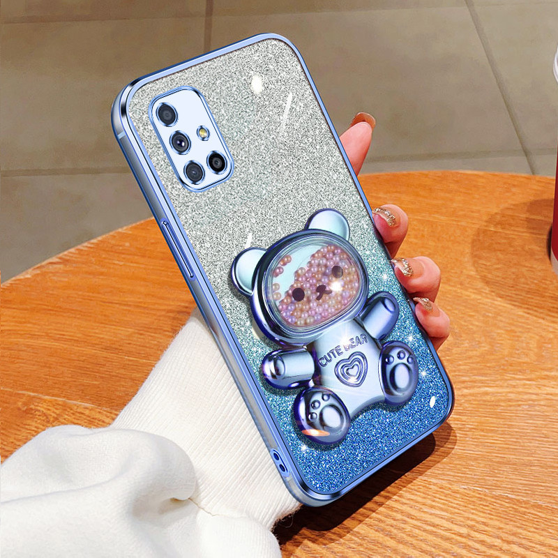 เคสโทรศัพท์มือถือ TPU ชุบไฟฟ้า กันกระแทก ลายการ์ตูนหมี พร้อมขาตั้ง สําหรับ Samsung Galaxy M51 M51