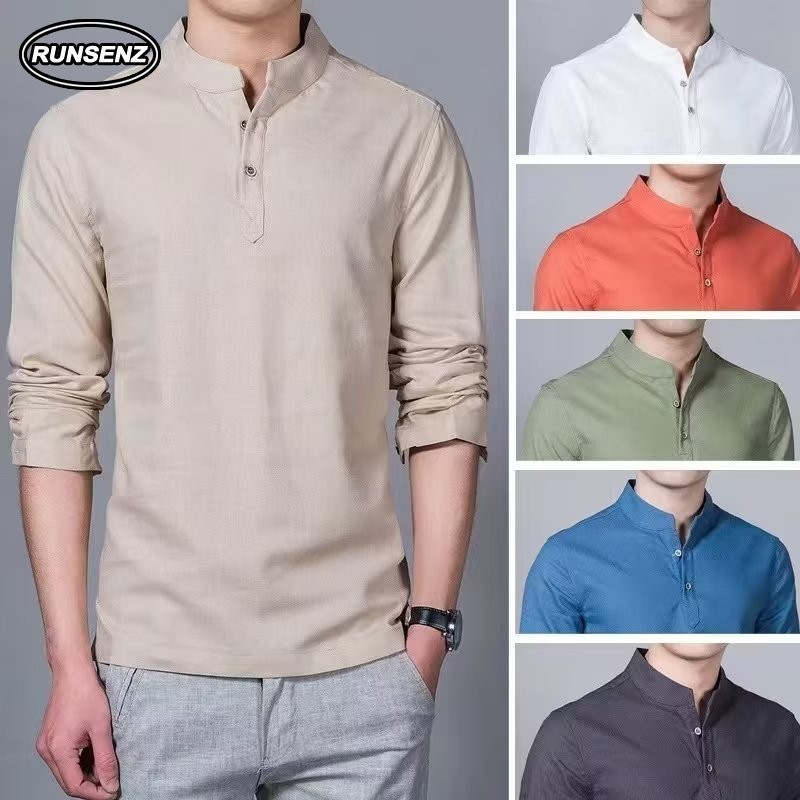 เสื้อโปโลแขนยาว ผ้าฝ้าย และผ้าลินิน ทรงหลวม แบบเรียบ สไตล์ญี่ปุ่น สําหรับผู้ชาย