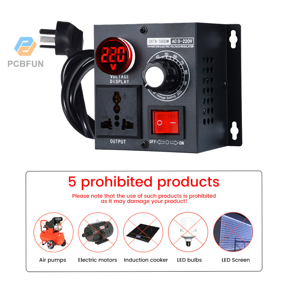 Pcbfun สวิตช์ควบคุมแรงดันไฟฟ้า 5000W AC110V 220V เฟสเดียว หรี่แสงได้