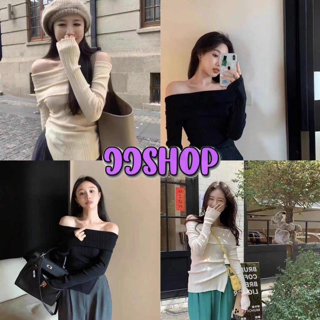 JJ Shop​ ​พร้อมส่ง เสื้อไหมพรมเปิดไหล่ แขนยาว ผ้าร่องมีสายรูด 1ข้าง "98117-5" -C