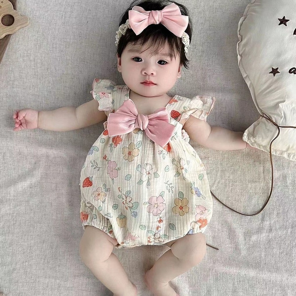 ชุดรอมเปอร์ แขนกุด และที่คาดผม ผ้าฝ้ายแท้ ลายดอกไม้น่ารัก แฟชั่นฤดูร้อน สไตล์เจ้าหญิง สําหรับเด็กผู้หญิง 0-24 เดือน