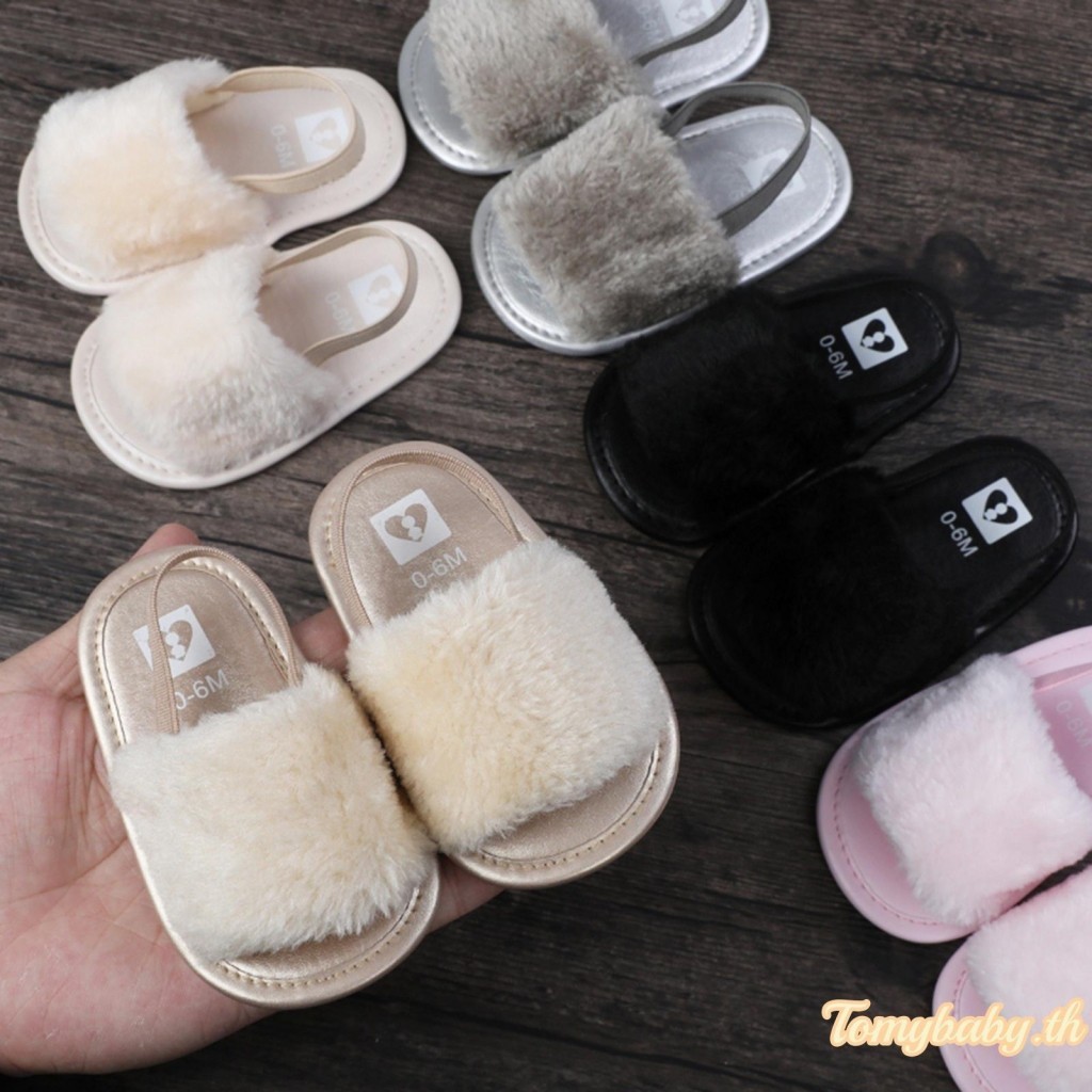 Tomybaby- รองเท้าแตะ เปิดนิ้วเท้า พื้นทรงแบน ขนเฟอร์ ขนเฟอร์ สไตล์เจ้าหญิง ฤดูร้อน สําหรับเด็กวัยหัดเดิน
