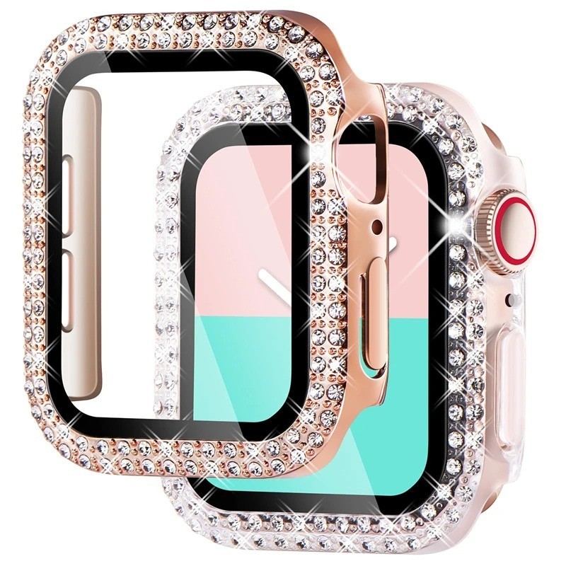 กระจกวิบวับ พร้อมฝาครอบ ประดับเพชร และฟิล์มกันรอยหน้าจอ สําหรับ Apple Watch Case 49 มม. 45 มม. 41 มม. 40 มม. 44 มม. 38 มม. 42 มม. iwatch series Ultra 7 9 8 5 6 SE