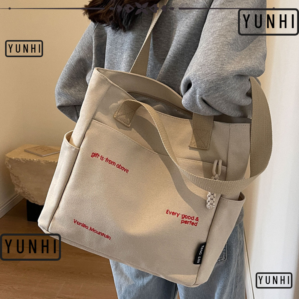Yunhi กระเป๋าสะพายไหล่ ผ้าแคนวาส ทรงสี่เหลี่ยม เรียบง่าย สําหรับใส่หนังสือนักเรียน