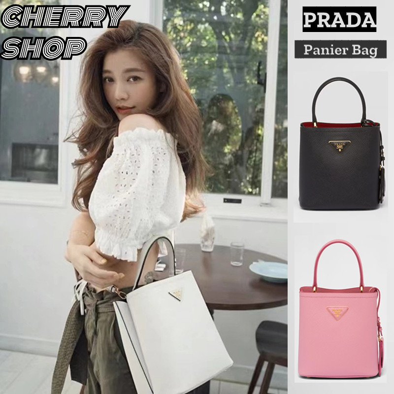 ราคาถูกสุด 100% ใหม่และแท้/ปราด้า Prada Panier Medium/Small Saffiano Leather Bag กระเป๋าถือสตรีBucke