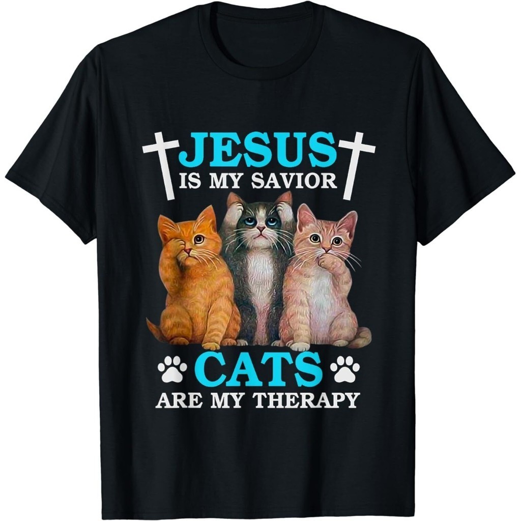 Jesus Is My Savior Cats Are My Therapy เสื้อยืดแมวตลกคริสเตียน