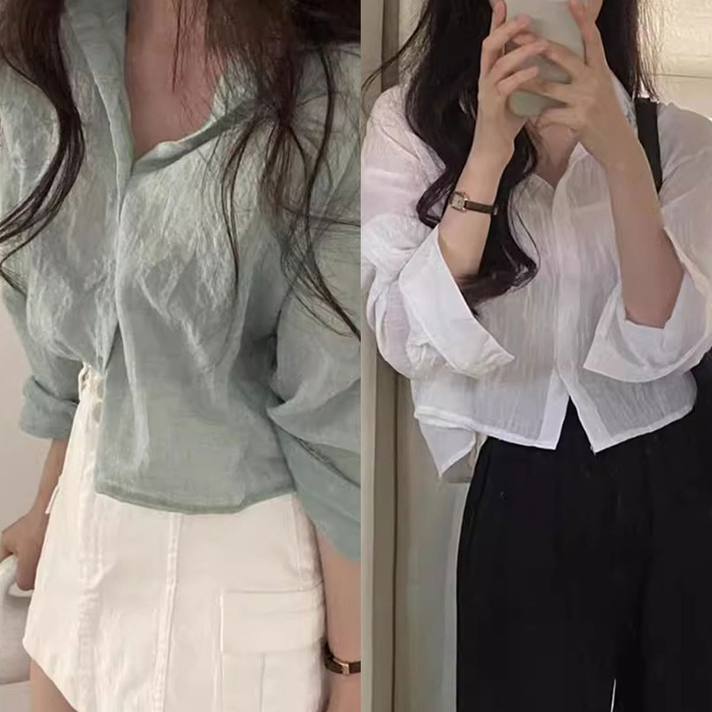 สื้อเชิ้ตกันแดด คอแบะกระดุมหน้า จับจีบแขนยาวแบบบางชิคๆ แมทช์ลุคง่าย