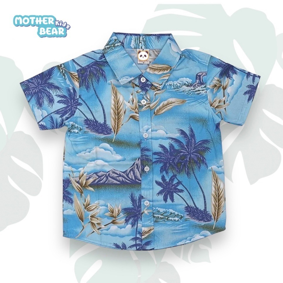 HV012 เสื้อเชิ๊ตเด็ก ลายฮาวาย สีฟ้า เท่ๆ เสื้อแฟชั่นเด็ก cotton 100% สินค้าไทยพร้อมส่ง