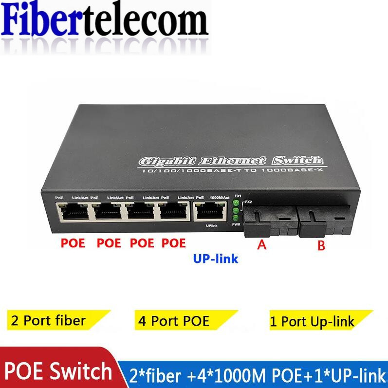 Poe สวิตช์แปลงไฟเบอร์ออปติคอล 4 POE 2 ไฟเบอร์ 2F5GE Gigabit 10 100 1000M 65W 52V1.25A