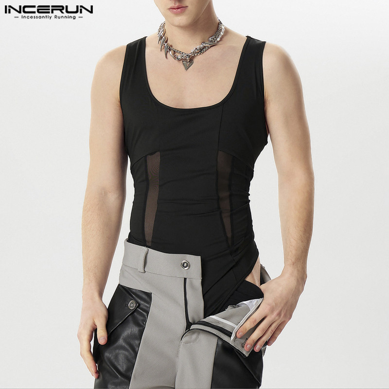 Incerun ชุดบอดี้สูท แขนกุด เย็บปะติดปะต่อกัน ออกแบบดี แฟชั่นสําหรับผู้ชาย
