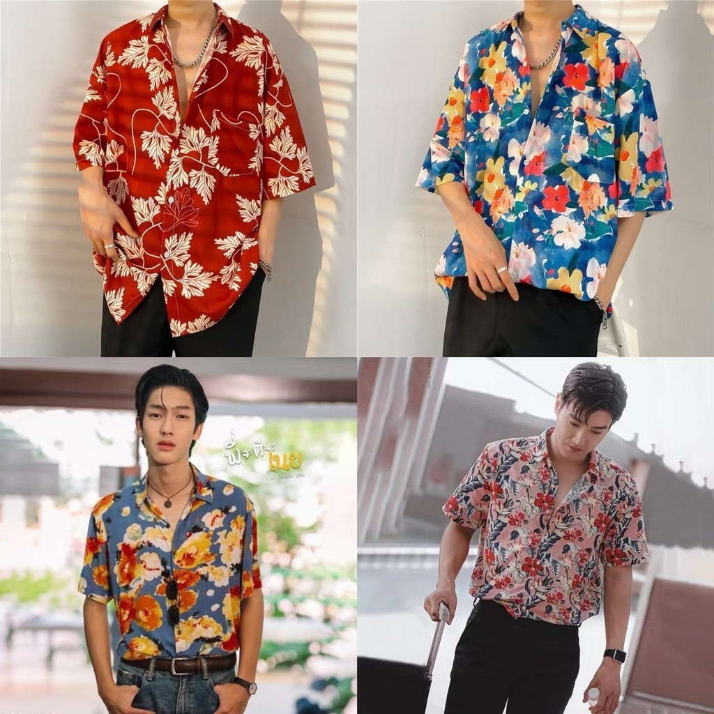 เสื้อเชิ้ตฮาวายเหมาะกับเทศกาลสงกรานต์ Size M-3XL สไตล์เกาหลีลายดอก  ใส่ได้ทั้งชาย-หญิง Hawaii ราคา ถูกที่สุด ดีลบีเคเค
