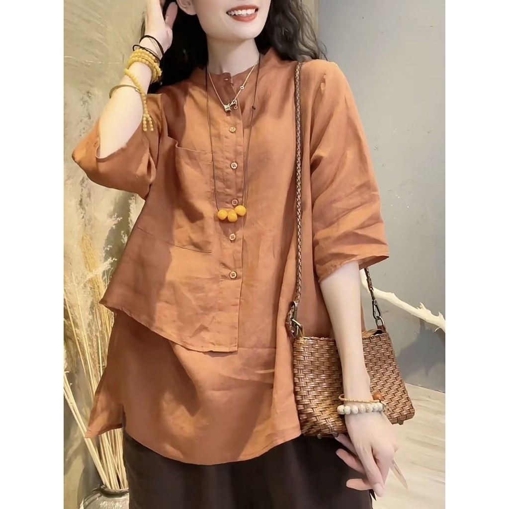 เสื้อเชิ้ตแขน 3/4 ผ้าฝ้าย และผ้าลินิน แบบบาง ทรงหลวม สไตล์เรโทร แฟชั่นฤดูร้อน สําหรับผู้หญิง 2024