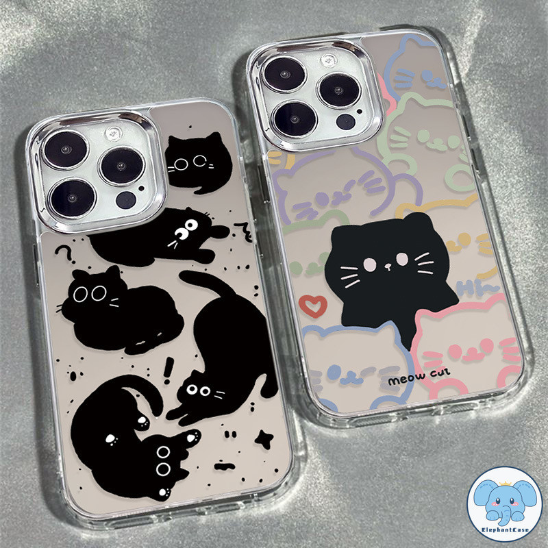 การ์ตูนน่ารักแมวดำหัวใจรักดาวหรูหราชุบโลหะฝาครอบเลนส์ iPhone 11 15 XR 7 8 Plus 12 13 14 Pro Max X XS Max 12 13 Pro SE