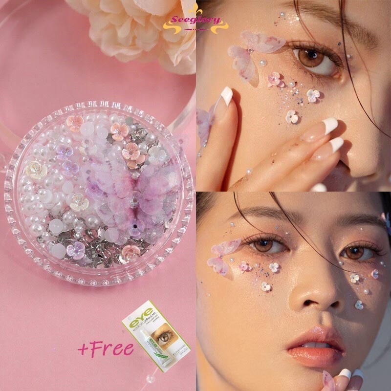 วินาทีฆ่า # เจลแต่งหน้า กลิตเตอร์ติดหน้า(แถมกาว)ไข่มุก กลีบดอกไม้ ผีเสื้อ ประดับเลื่อม สําหรับตกแต่งหน้า แต่งหน้า