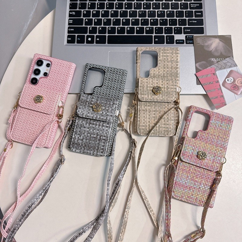 เคสโทรศัพท์มือถือแบบผ้าถัก พร้อมสายคล้องคอ ช่องใส่บัตร สําหรับ Samsung Galaxy S24 Ultra S23 Plus S22