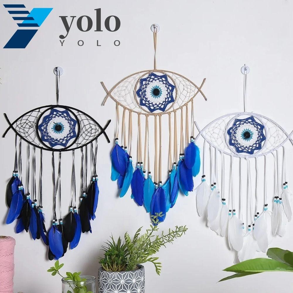 Yolo เครื่องรางดักฝัน แฮนด์เมด รูปตาชั่วร้าย ขนนก สีฟ้า สไตล์โบโฮ สร้างสรรค์ สําหรับตกแต่งห้อง|ห้องนั่งเล่น แบบแขวนผนัง