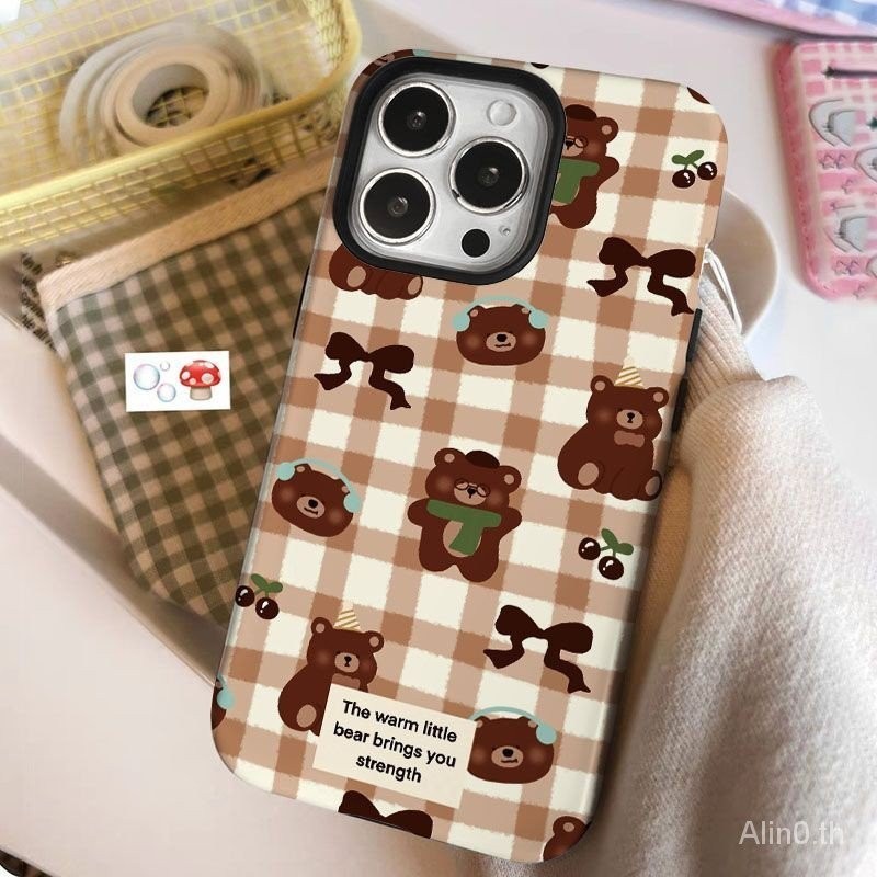 เคสโทรศัพท์มือถือ สองชั้น กันกระแทก ลายการ์ตูนหมี สีน้ําตาล สไตล์เกาหลี สําหรับ iPhone 7 8 Plus x xs xr xsmax 11 12 13 14 15 pro max เคสโทรศัพท์มือถือ ป้องกันรอย สําหรับ OUY
