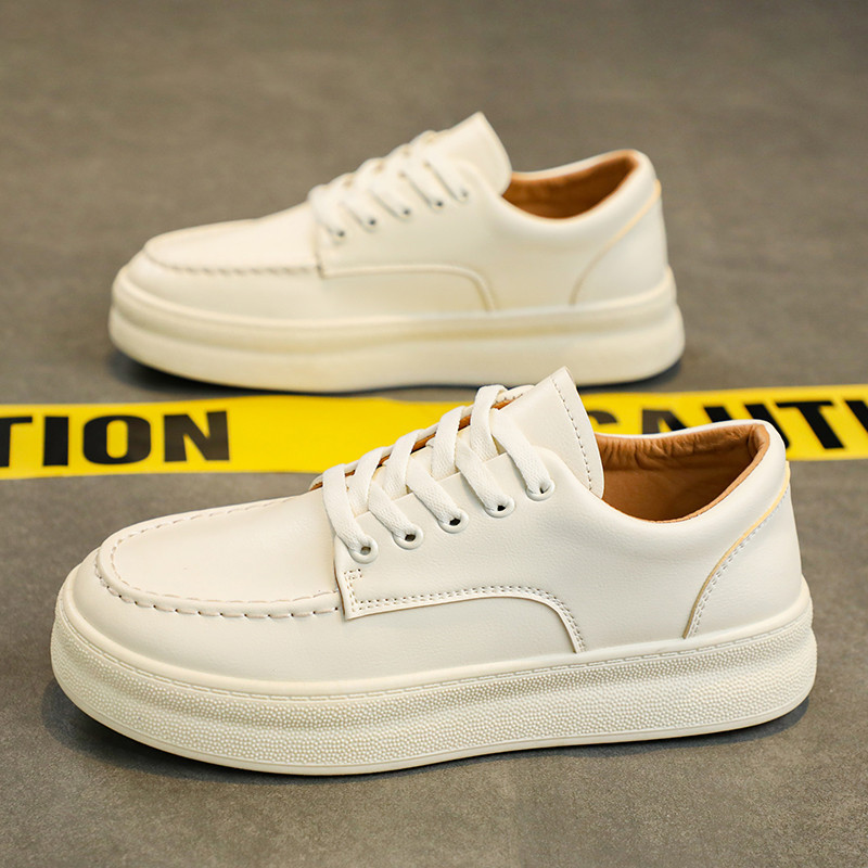 รองเท ้ าผู ้ ชายรองเท ้ าผ ้ าใบระบายอากาศรองเท ้ าหนังผู ้ ชายหนา Soled Casual สีขาวรองเท ้ าอินเทรนด ์