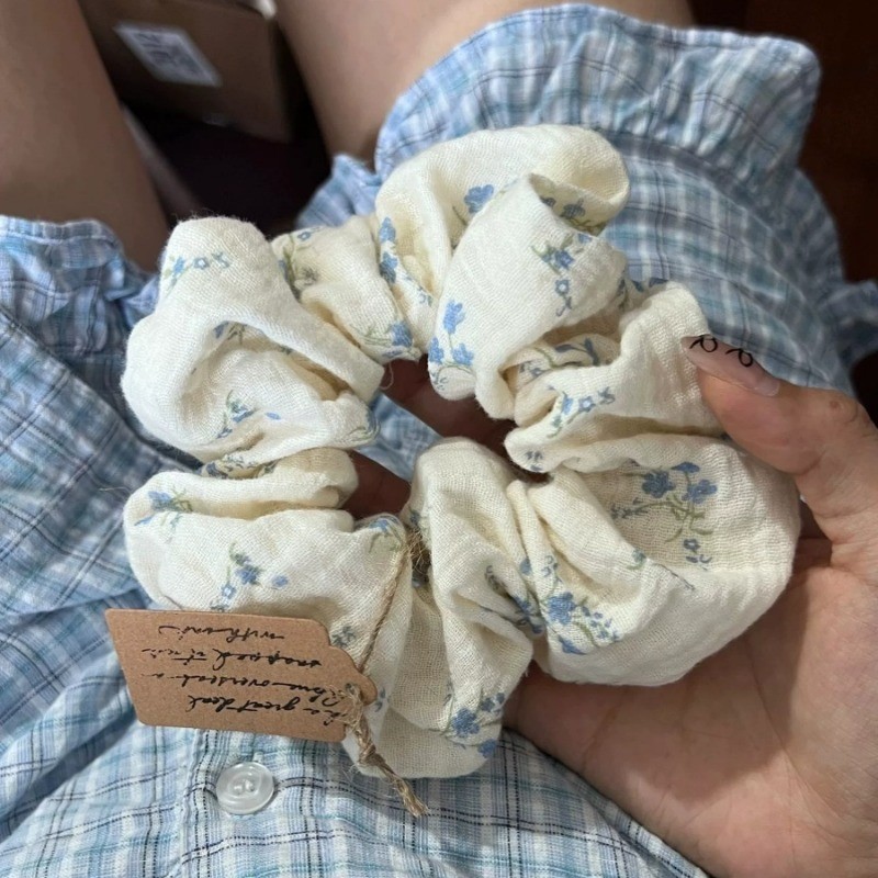 ผู้หญิงผ้าฝ้ายดอกไม้พิมพ์ผมผูกเชือกผม Scrunchies ยางผมหางม้าเครื่องประดับผม