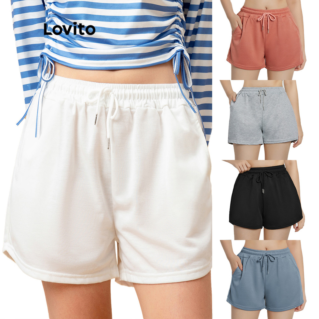Lovito กางเกงขาสั้น สีพื้น L00242 (สีขาว / สีดำ / สีเทา / ชมพู / สีฟ้า)