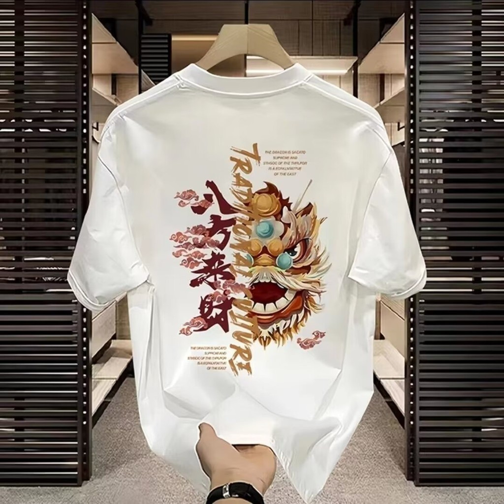 ใหม่ เสื้อยืดคอกลม แขนสั้น พิมพ์ลายสิงโต สไตล์จีน ทรงหลวม แฟชั่นฤดูร้อน สําหรับผู้ชาย 8 - รูปที่ 2