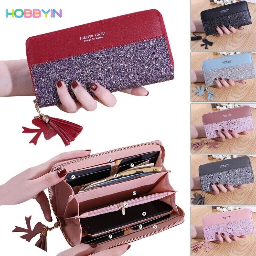 HOBBYIN กระเป๋าสตางค์ หนัง PU ใบยาว แต่งกลิตเตอร์ มีซิป หรูหรา สีชมพู ใส่บัตรได้ สําหรับผู้หญิง