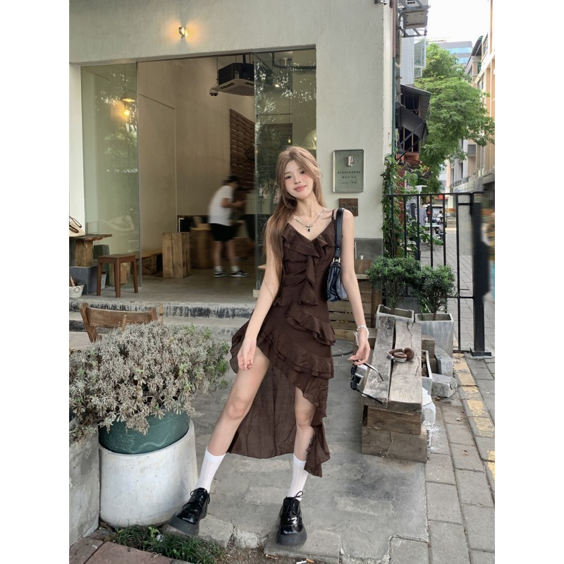 Summer Vacation Style Women's Spaghetti Strap Dress with Ruffles Versatile Sexy Retro Slimming Patchwork New Irregular Dress - รูปที่ 5