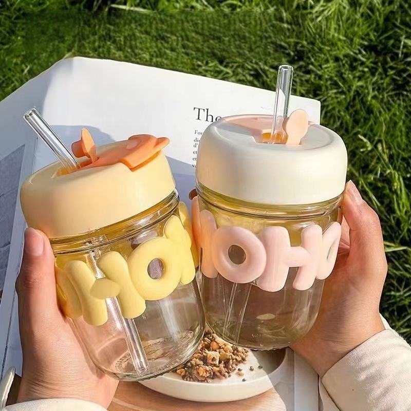 แก้วใส่น้ำ พร้อมหลอดแก้ว  350ML น่ารัก #W-0004